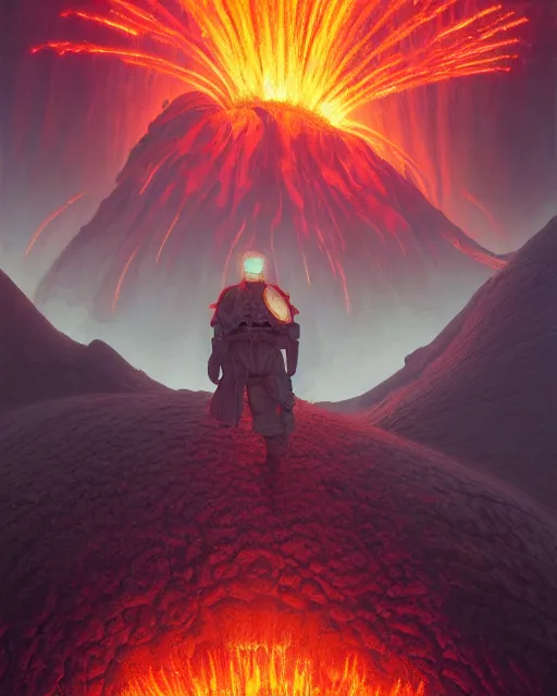 Image similar to highly detailed surreal vfx portrait of a futuristic fire mage in a volcano with lava, stephen bliss, unreal engine, greg rutkowski, loish, rhads, beeple, makoto shinkai and lois van baarle, ilya kuvshinov, rossdraws, tom bagshaw, alphonse mucha, global illumination, detailed and intricate environment