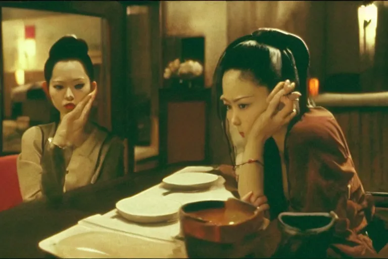 Prompt: wong kar wai lonely woman indoors movie scene