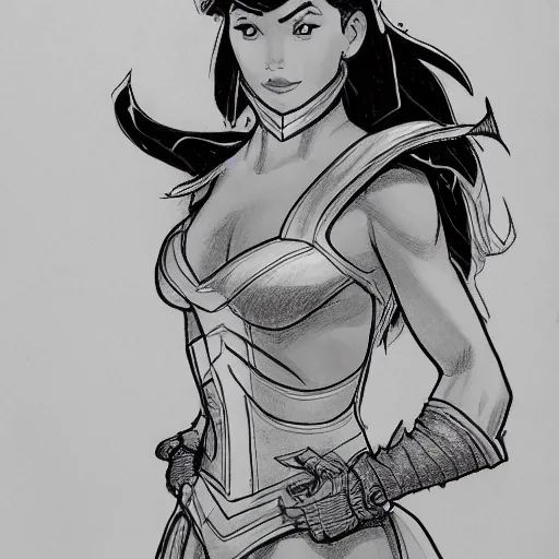 Image similar to a drawing of a filipino woman in a costume, a comic book panel by paul pelletier, artstation, arabesque, dc comics, marvel comics, official art