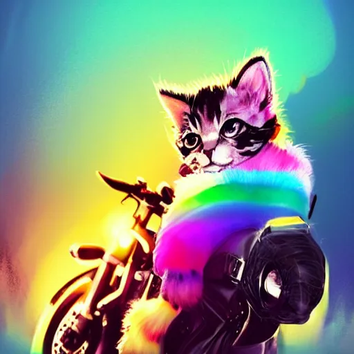 Prompt: wide angle full body, jacket wearing fluffy cute rainbow kitten wearing a black leather motorcycle jacket, riding on a motorcycle, cinematic concept art