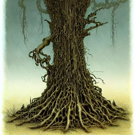 Prompt: a skeleton buried in tendrils of a tree by John Howe