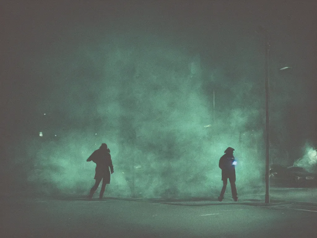 Prompt: A grainy underexposed Fujifilm 200 photograph of a vagrant exploding in the style of Brandon Hughes, muted blueish green greenish blue colors, warm colors, streetlight