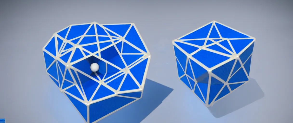 Image similar to hyperrealistic highly detailed Kepler's Platonic solid model impossible object in motion escher dali dramatic blue lighting wide angle hd 8k sharp shallow depth of field