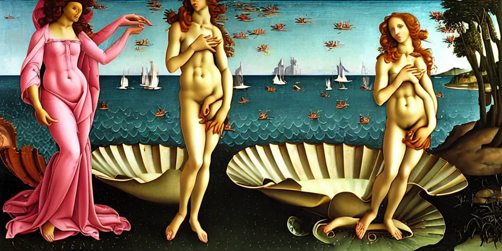 Prompt: Whitney Houston as Botticelli\'s The birth of Venus as a pretty African Black woman with short black hair and black skin rising from the sea on a shell, accurate face