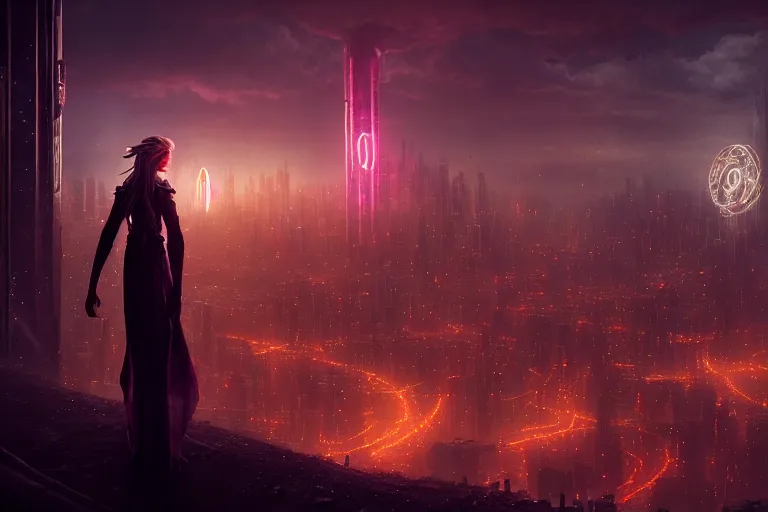 Prompt: an ultra realistic, cinematic, fantasy, headshot portrait, of an elden ring elf, fairy lights, facial features, overlooking a vast dystopian cityscape, with futuristic buildings and neon signs, detailed, deep focus, movie still, dramatic lighting, ray tracing, by michal karcz and yoshitaka amano