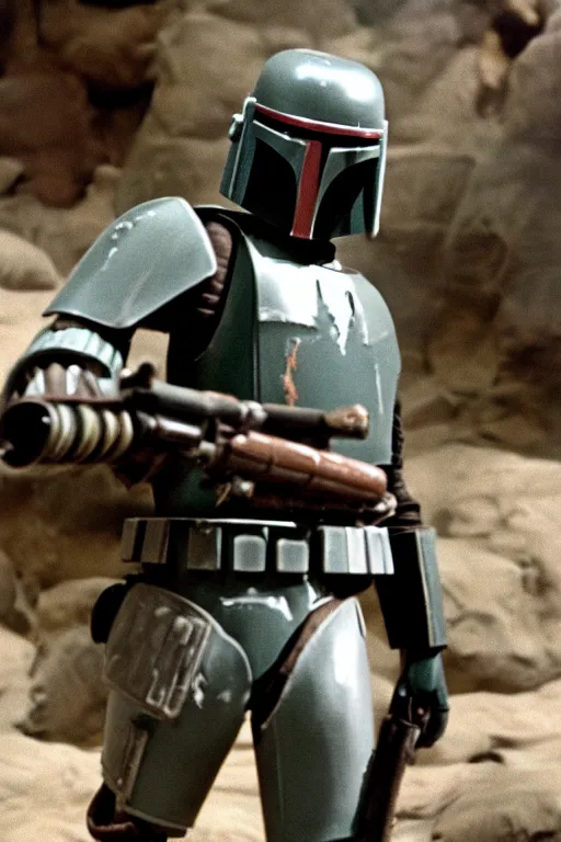 Image similar to wide angle full view 65mm film boba fett battle damaged armor scorched. screenshot from 1977 Star Wars dull muted colors tatoonie