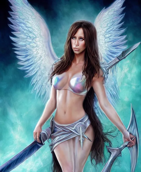 Prompt: full body design of jennifer love hewitt a pretty female angel holding a sword with both hands while flying, body covered in religious tattoos glowing, white iridescent angel wings opened, d & d, fantasy, highly detailed, digital art, trending on artstation, smooth, sharp focus, illustration, art by peter tang and artgem