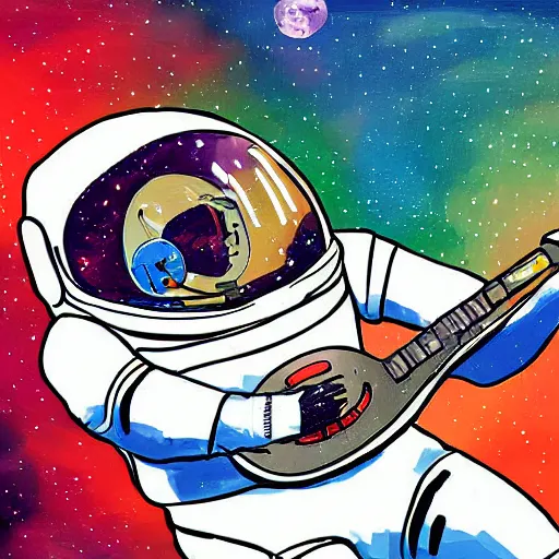 Image similar to an astronaut with headphone playing keyboard in the space, digital painting, digital art, bill sienkiewicz