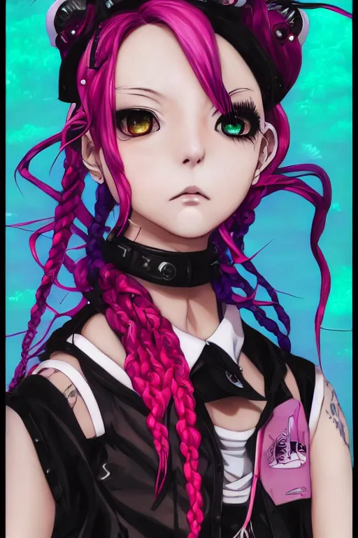 Image similar to portrait of an anime manga cybergoth girl with pink and black floating dreads, straight on portrait, by artgerm, james jean, tom bagshaw, gerald brom, vaporwave colors, lofi colors, vaporwave, lofi, goth vibe, 4 k, smooth, hd, substance designer render,