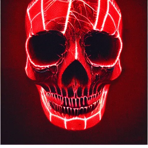 Image similar to red glowing skull, red webs, rafael moco