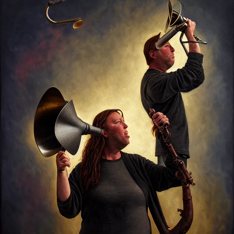 Image similar to epic professional digital art of alex jones holding a bullhorn, atmospheric lighting, painted, intricate, detailed, by leesha hannigan, wayne haag, reyna rochin, ignacio fernandez rios, mark ryden, iris van herpen.