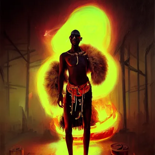 Image similar to shaka zulu as a cybperpunk gangster, eating fire in the neon ghetto, by greg rutkowski and android jones in a surreal portrait style, oil on canvas, 8k