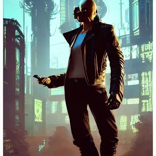 Image similar to greg manchess portrait painting of cthulhu in leather jacket as cyberpunk 2 0 7 7 character, medium shot, asymmetrical, profile picture, organic painting, sunny day, matte painting, bold shapes, hard edges, street art, trending on artstation, by huang guangjian and gil elvgren and sachin teng