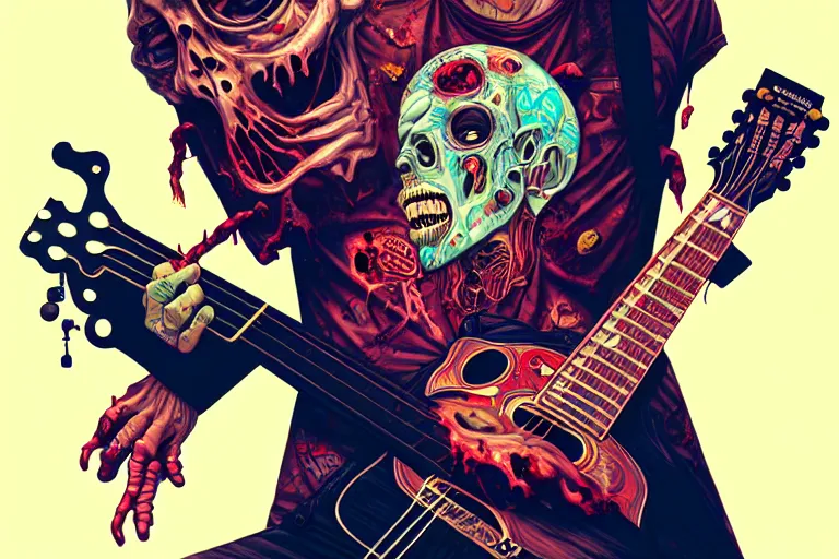 Image similar to zombie punk playing acoustic guitar, tristan eaton, victo ngai, artgerm, rhads, ross draws, intricated details, 3 / 4 view, full body portrait