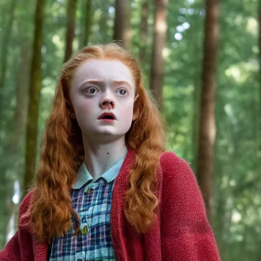 Image similar to Sadie Sink (Maxine Mayfield) from Stranger Things kneeling in a forest looking straight ahead, hq, coloured hq