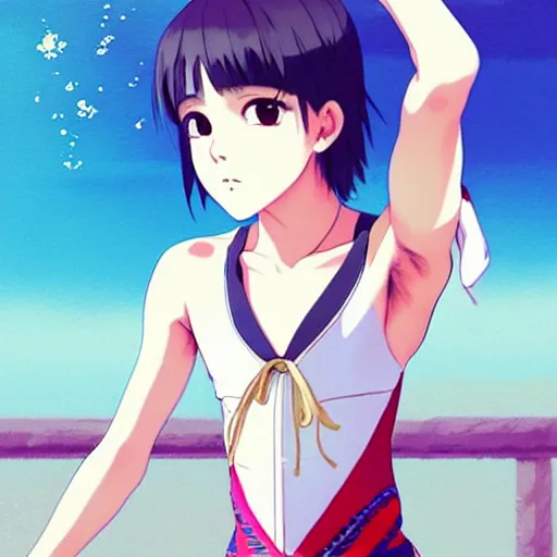 Image similar to a beautiful boyish japanese emma watson alluring instagram model, wearing elegant japanese hiphop leotard outfit with subtle mayan patterns and native fashion, aztec street fashion bathing suit, jrpg fashion, gapmoe yandere grimdark, trending on pixiv fanbox, painted by greg rutkowski makoto shinkai takashi takeuchi studio ghibli, akihiko yoshida