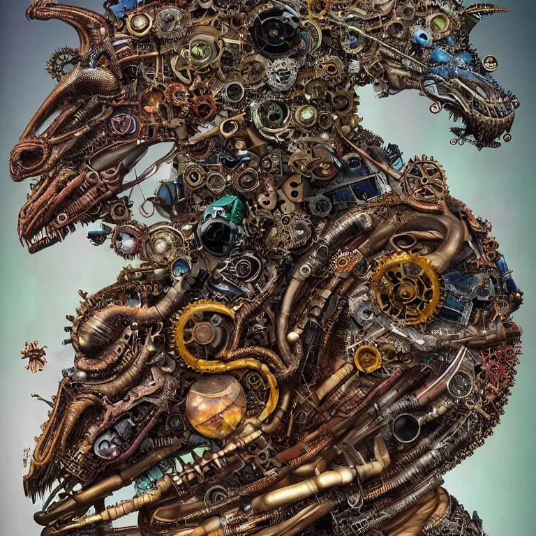 Image similar to profile portrait of a dragon, computer parts, mechanical parts, by giuseppe arcimboldo, steampunk, cyberpunk, futuristic, psychedelic, surreal, sci - fi, vaporwave, alien, dreamlike.