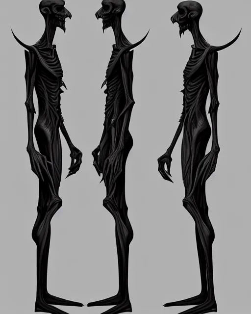 Image similar to concept art of a tall skinny humanoid creature with matte black skin, mangled, a distorted horrifying face, uncanny, horror | | epic - fine - clean, polished, trending on artstation, brush strokes