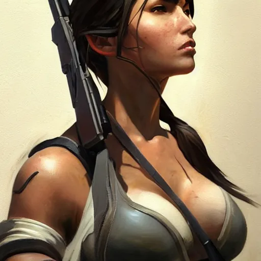 Image similar to greg manchess portrait painting of partially armored lara croft as overwatch character, close - up shot, asymmetrical, profile picture, organic painting, sunny day, matte painting, bold shapes, hard edges, street art, trending on artstation, by huang guangjian and gil elvgren and sachin teng