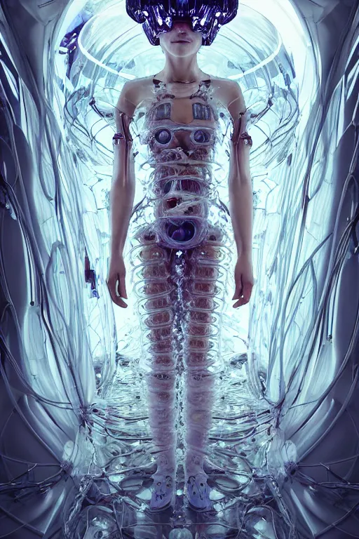 Prompt: background space station, baroque puffy dress iris van herpen positing on floor, perfect symmetrical, full body shot, white helmet on face, inflateble shapes, wires, tubes, veins, jellyfish, white biomechanical details, wearing epic bionic implants, masterpiece, intricate, biopunk, vogue, highly detailed, artstation, concept art, cyberpunk