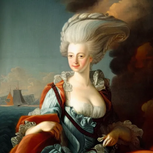 Prompt: portrait, Marie Antoinette flying over the sea. high detail, great lighting, 8k resolution, masterpiece, concept art, illustration