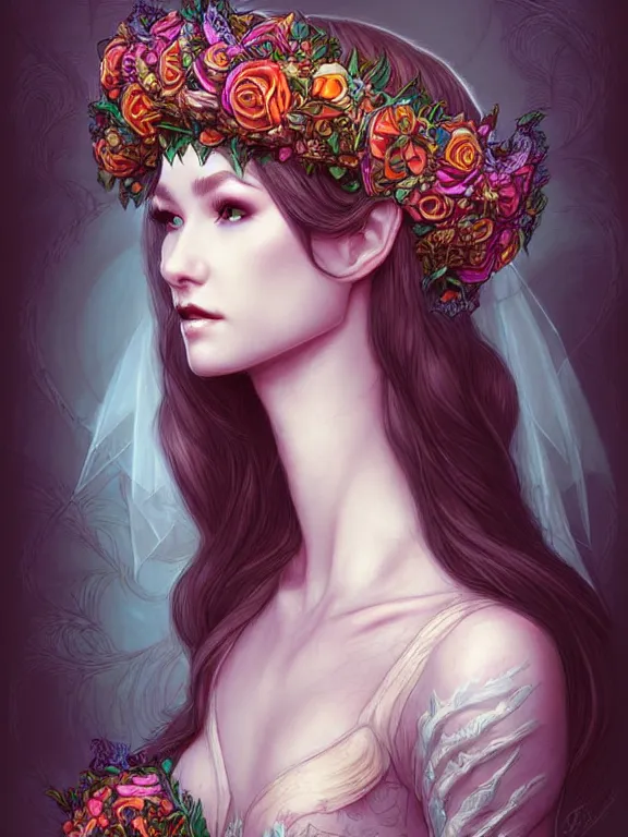 Prompt: digital art, centered elven bride, vivid flower crown ,intricate, veins, by James Jean and by artgerm , ultradetailed, charachter design, concept art, trending on artstation,