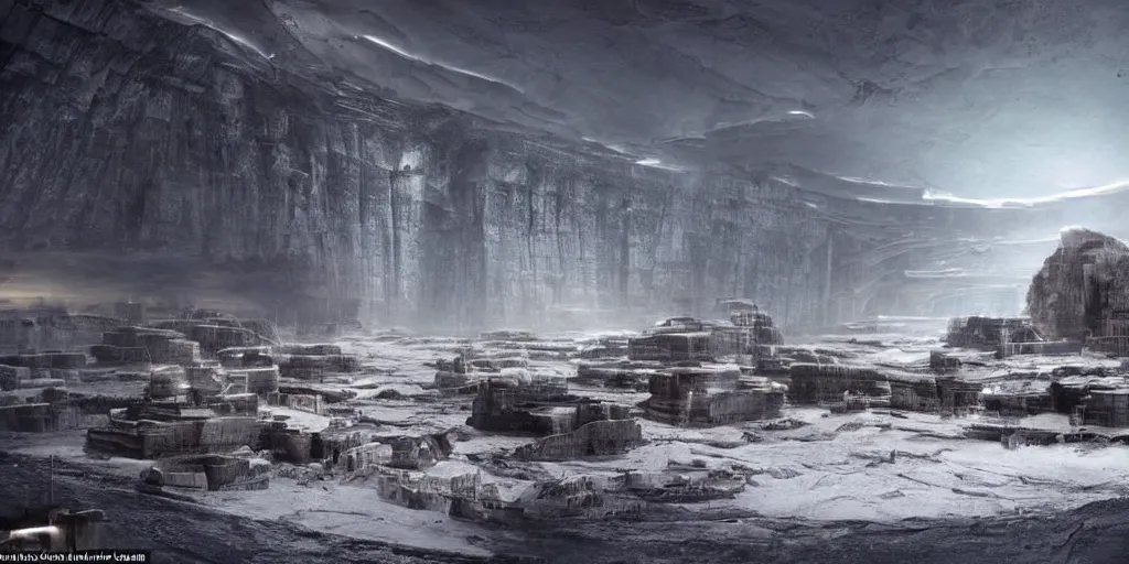 Prompt: a vast and epic ancient interior of an alien city buried with in a glacier deep in the mountains of antarctica, moody and lonely