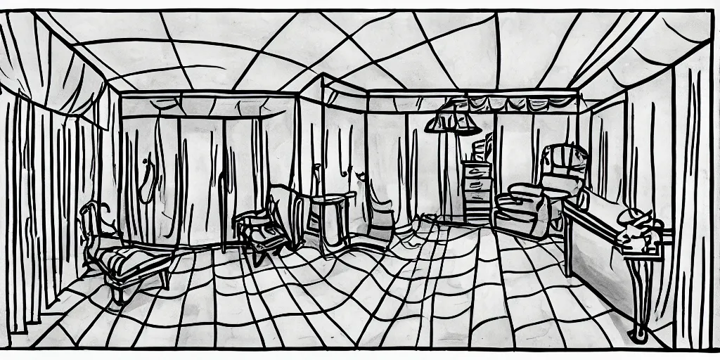 Image similar to a dimly lit, theater dressing room, with a mirror, a chair, a couch, day of the tentacle style, drawn by Peter Chan, 5 point perspective