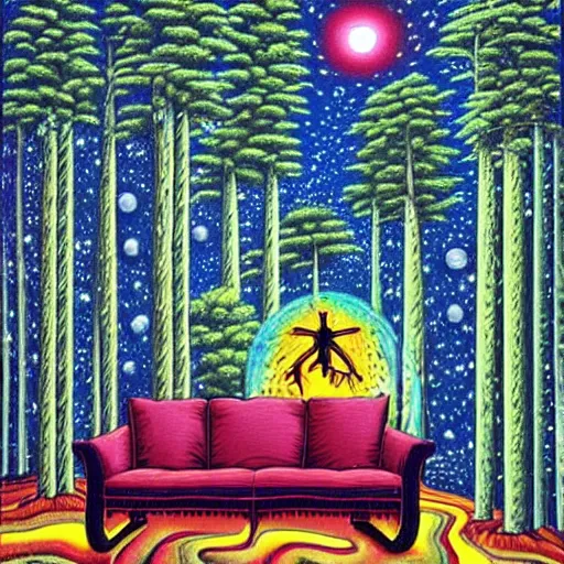 Prompt: psychedelic trippy couch dark pine forest, planets, milky way, sofa, cartoon by rob gonsalves