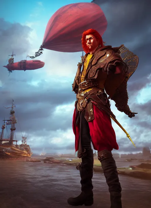 Image similar to An epic fantasy comic book style portrait painting of a red headed male sky-pirate in front of an airship, unreal 5, DAZ, hyperrealistic, octane render, cosplay, RPG portrait, dynamic lighting