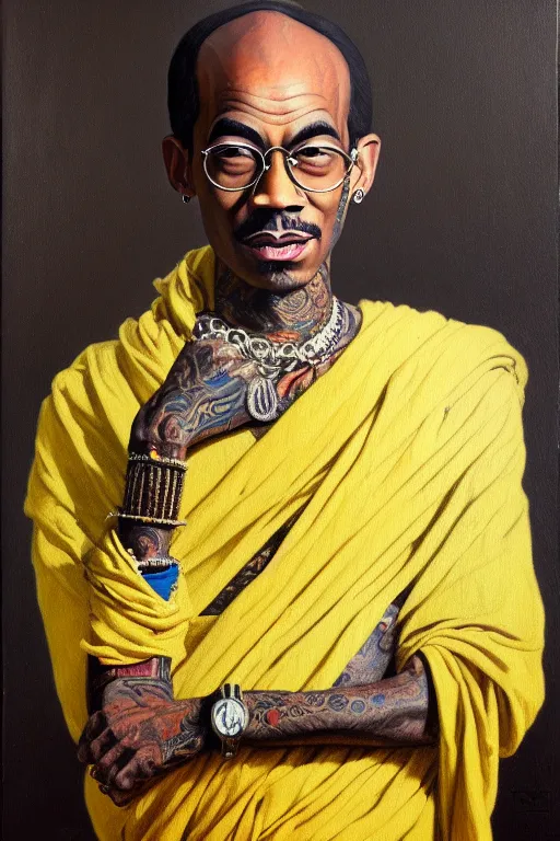 Image similar to full body portrait of wiz khalifa as mahatma gandhi, oil on canvas by william sidney mount, hindu art, great soul, black, black, yellow, yellow, trending on artstation