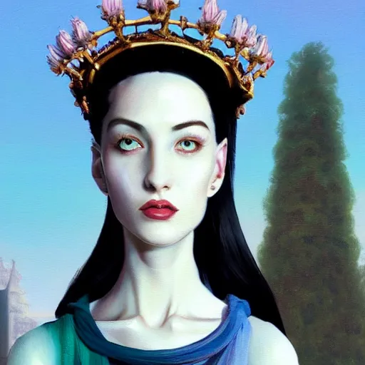 Image similar to a painting of a pale woman with black hair and a crown on her head standing in front of a statue, a screenshot by stanley twardowicz, cgsociety, aestheticism, aesthetic, vaporwave, anime aesthetic,