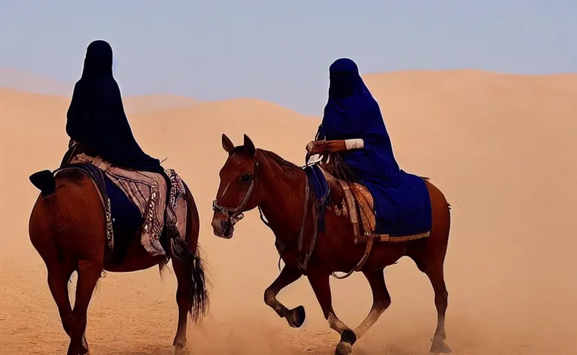 Image similar to beautiful burqa's woman, riding a horse!!! in saharan, sharp eyes, perfect dynamic posture, dust, cinematic, perfect dynamic pose, pinterest,, very perfect position, award winning photo by national geographic