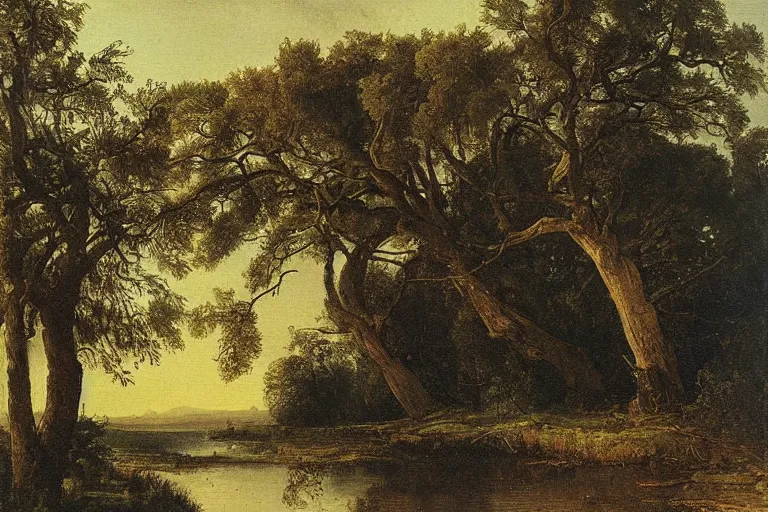 Image similar to painting of a old tree next to a meandering river by alexei savrasov