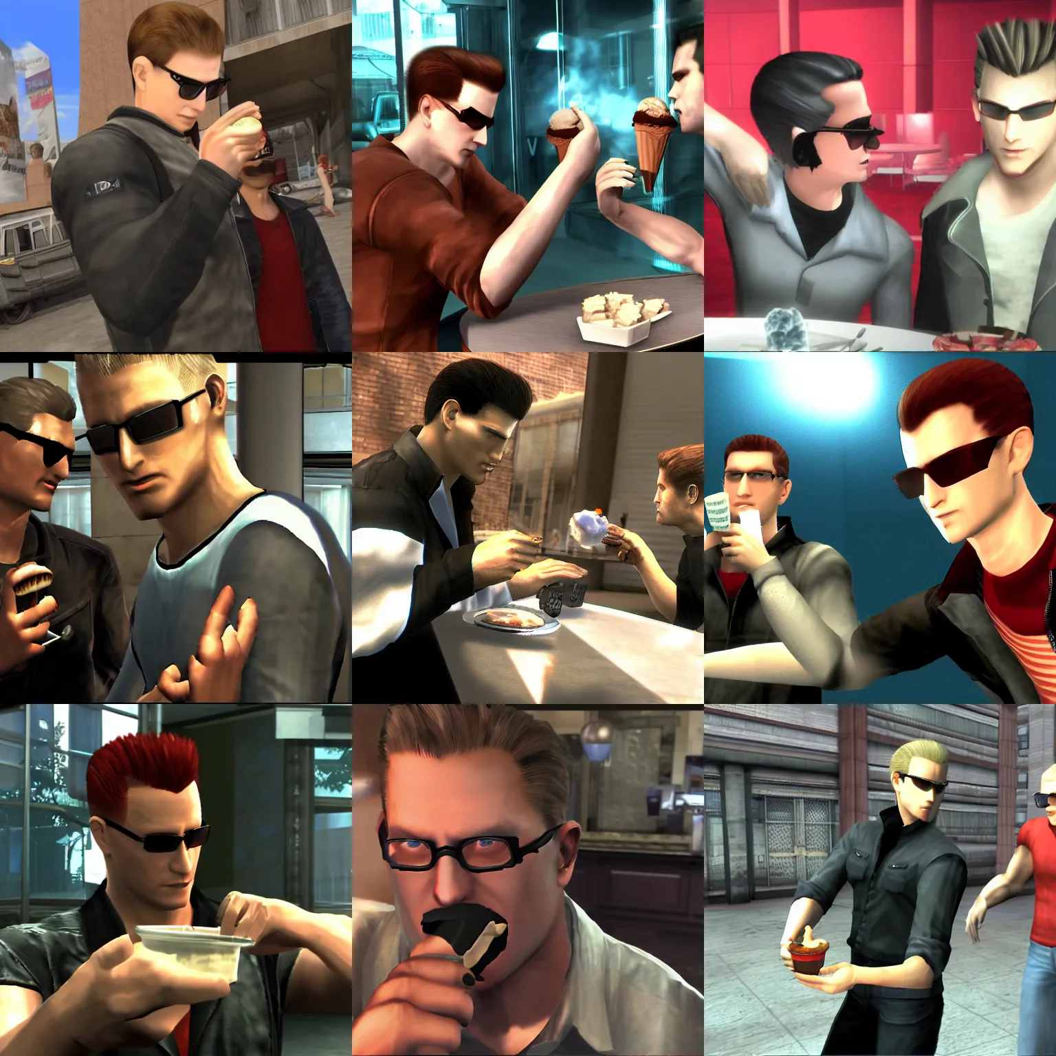Prompt: albert wesker from resident evil eating ice cream with alex mercer from prototype, ps 3 / x 3 6 0 hd gameplay screenshot