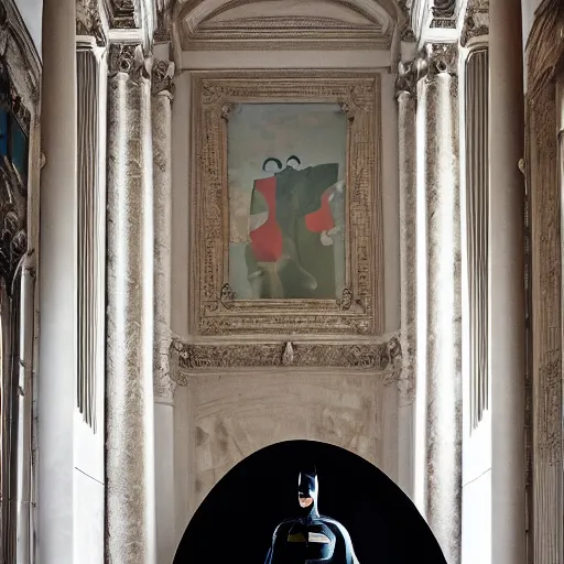 Image similar to Batman standing in giant Italian modern castle living room, clean minimalist design, that is 1300 feet tall, with very tall giant walls filled with modern art paintings, doors that are cosmic portals, photo by Annie Leibovitz