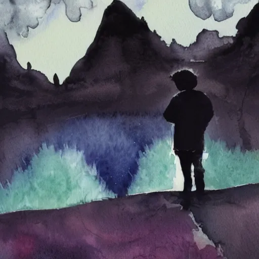 Image similar to sad man, watercolor, epic scenery, sad, depression