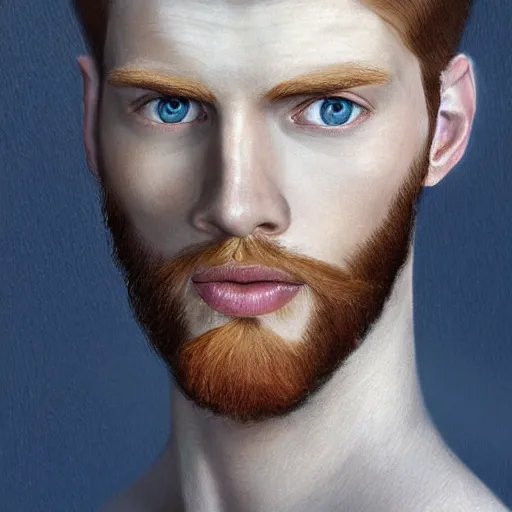 Image similar to 2 4 - year - old man, masculine face, hyper masculine features, tall, extremely pale skin, square jaw, ginger hair, beard, square face, big round sapphire blue eyes, hyper realistic face, beautiful eyes, highly detailed, digital painting, smooth, sharp, strong face, expressive eyes, medium long wavy ginger hair, art by greg rutkowski and alex gray