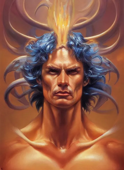 Image similar to a magical portrait of the god of power, art by boris vallejo and greg danton and denys tsiperko, detailed, hyperrealism, artstation