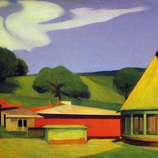 Prompt: dream an ecovillage 2030 Edward Hopper,