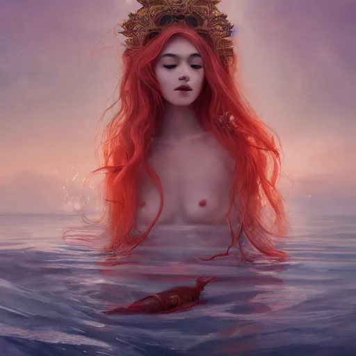 Image similar to breathtakingly detailed concept art painting portrait of goddess sinking into the sea, carrot colored hair, orthodox saint, full body, gorgeous background, created by hsiao - ron cheng, very moody lighting, 8 k