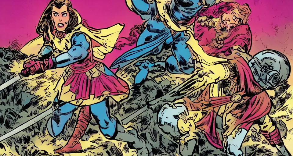 Prompt: Alicia Vikander as a mage fighting a knight a comic book panel by Jack Kirby