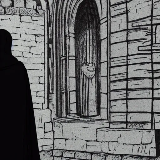 Image similar to a man in a black cloak gazing into a medieval city