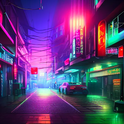 Prompt: cyberpunk street in the night, neon lights in the background, foggy, 8k, high detail