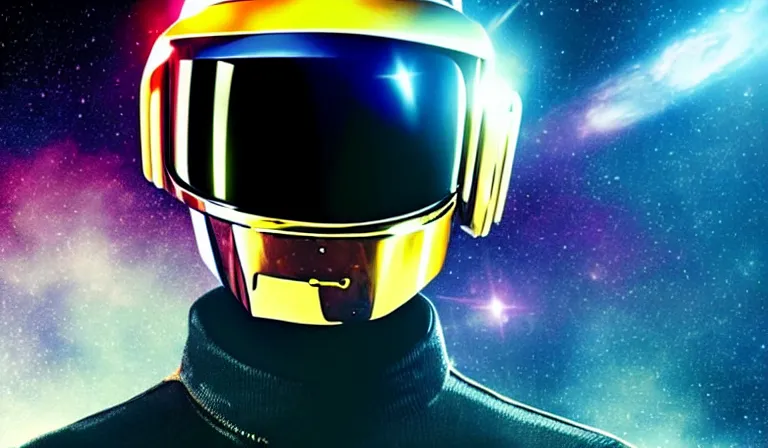 Prompt: guy manuel from daft punk with space background, close shot, 8k, cinematic, epic, ultra detailed, award winning, trending on artstationHD, dramatic