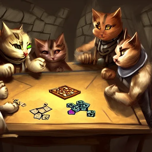 Prompt: a group of cats playing dungeons and dragons around a table in a dark cellar. concept art. sketch. artstation. hq