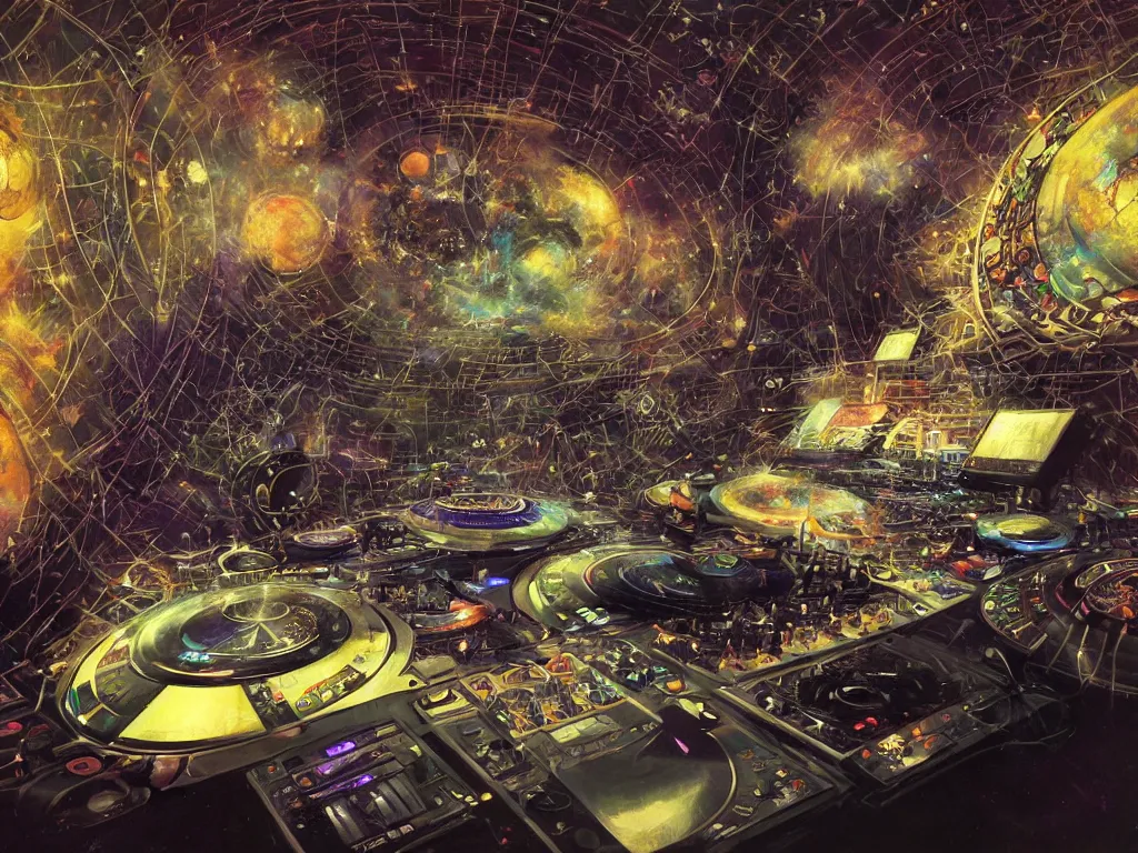 Image similar to an incredible masterpiece of a mystical dj playing a vast array of highly evolved and complex musical technology surrounded by an incredible and complex circular structure in the cosmos, by craig mullins