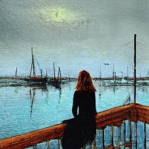 Prompt: a woman sitting at a harbour looking out at boats. gothic. soft lighting. eerie. folk horror style art