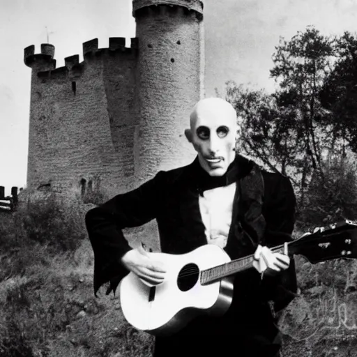 Image similar to vintage photograph of count orlok outside his castle, playing the blues on guitar, castle in the background, 4 k