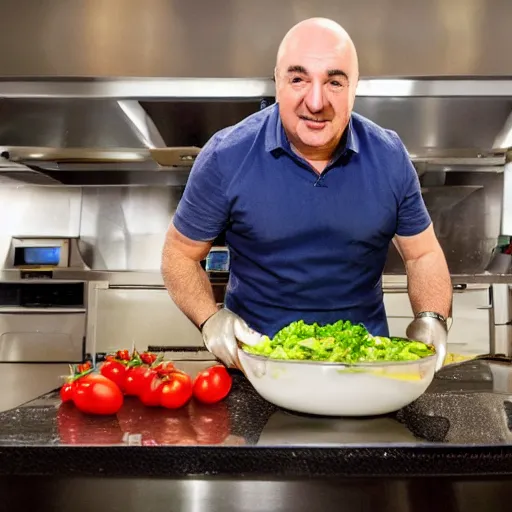 Prompt: Cook Chief Kevin O'Leary cooking a greek salad, in Shark Tank (2016)